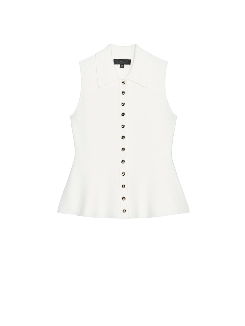 Zara White Sleeveless Peplum Button-Front Top with Pointed Collar